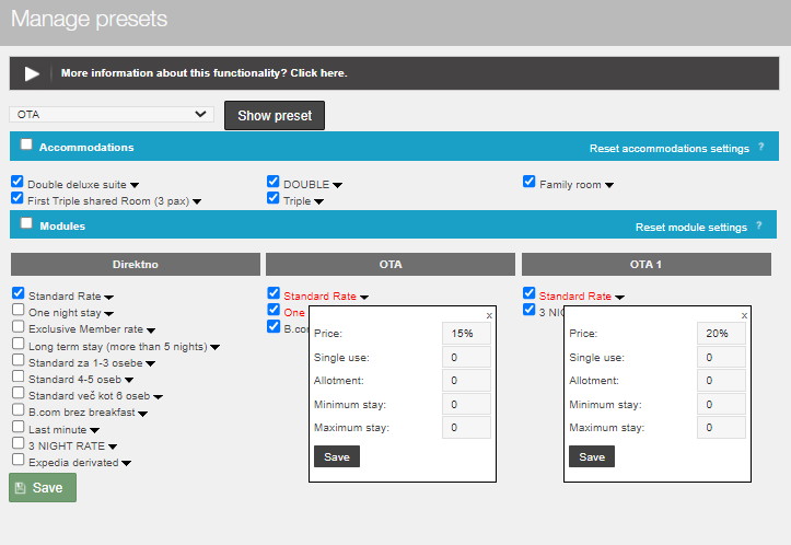 Nastavljanje "Manage presets" za posodobitev cen